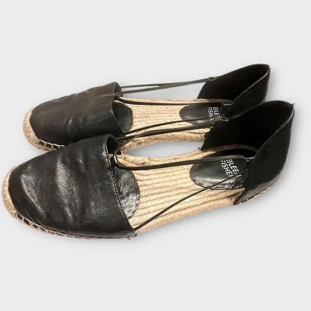 EILEEN FISHER Lee Black Leather Espadrille Flats Size 8.5